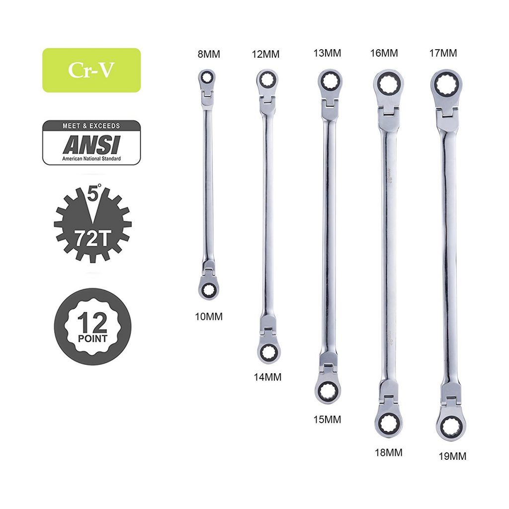 Orion Motor Tech 5pcs Cr-V Combination Extra Long Box End Ratchet Wrench Set with Flex Head | Metric